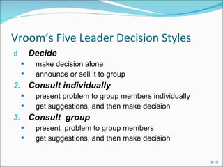 Vroom’s Five Leader Decision Styles Decide   make decision alone  announce or sell it to group Consult individually present problem to group members individually get suggestions, and then make decision Consult  group  present  problem to group members  get suggestions, and then make decision 