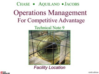 Operations Management For Competitive Advantage
©The McGraw-Hill Companies, Inc., 2001
CHASE AQUILANO JACOBS
ninth edition 1
Facility Location
Operations Management
For Competitive Advantage
CHASE AQUILANO JACOBS
ninth edition
Technical Note 9
 