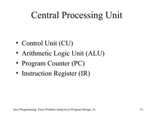 Central Processing Unit Control Unit (CU) Arithmetic Logic Unit (ALU) Program Counter (PC) Instruction Register (IR) Java Programming: From Problem Analysis to Program Design, 3e 