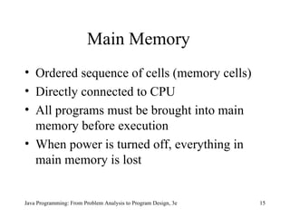Main Memory Ordered sequence of cells (memory cells) Directly connected to CPU All programs must be brought into main memory before execution When power is turned off, everything in main memory is lost Java Programming: From Problem Analysis to Program Design, 3e 