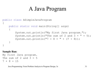 A Java Program public class  ASimpleJavaProgram  {  public static void  main(String[] args)  {  System.out.println("My first Java program."); System.out.println("The sum of 2 and 3 = " + 5); System.out.println("7 + 8 = " + (7 + 8)); }  } Sample Run : My first Java program. The sum of 2 and 3 = 5 7 + 8 = 15 Java Programming: From Problem Analysis to Program Design, 3e 