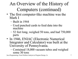 An Overview of the History of Computers (continued) The first computer-like machine was the Mark I Built in 1944  Used punched cards to feed data into the machine  52 feet long, weighed 50 tons, and had 750,000 parts In 1946, ENIAC (Electronic Numerical Integrator and Calculator) was built at the University of Pennsylvania.  Contained 18,000 vacuum tubes and weighed some 30 tons Java Programming: From Problem Analysis to Program Design, 3e 