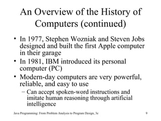 An Overview of the History of Computers (continued) In 1977, Stephen Wozniak and Steven Jobs designed and built the first Apple computer in their garage  In 1981, IBM introduced its personal computer (PC) Modern-day computers are very powerful, reliable, and easy to use Can accept spoken-word instructions and imitate human reasoning through artificial intelligence Java Programming: From Problem Analysis to Program Design, 3e 