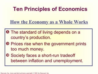 Ten Principles of Economics The standard of living depends on a country’s production. Prices rise when the government prints too much money. Society faces a short-run tradeoff between inflation and unemployment. How the Economy as a Whole Works 