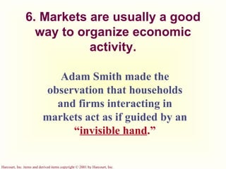 6. Markets are usually a good way to organize economic activity. Adam Smith made the observation that households and firms interacting in markets act as if guided by an   “ invisible hand .” 
