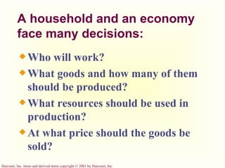 A household and an economy  face many decisions: Who will work? What goods and how many of them should be produced? What resources should be used in production? At what price should the goods be sold? 