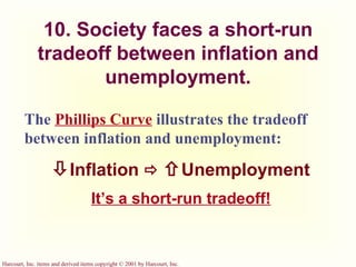 10. Society faces a short-run tradeoff between inflation and unemployment. The  Phillips Curve  illustrates the tradeoff between inflation and unemployment:  Inflation      Unemployment It’s a short-run tradeoff! 