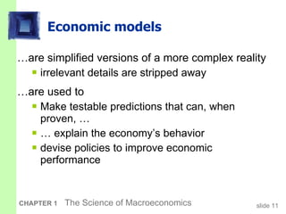 Economic models …are simplified versions of a more complex reality irrelevant details are stripped away …are used to  Make testable predictions that can, when proven,  … …  explain the economy’s behavior devise policies to improve economic performance 