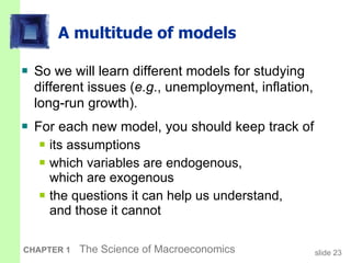 A multitude of models So we will learn different models for studying different issues ( e.g ., unemployment, inflation, long-run growth).  For each new model, you should keep track of  its assumptions  which variables are endogenous,  which are exogenous the questions it can help us understand,  and those it cannot 