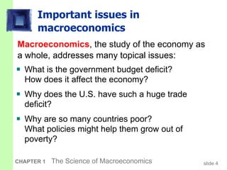 Important issues in macroeconomics What is the government budget deficit?  How does it affect the economy? Why does the U.S. have such a huge trade deficit?  Why are so many countries poor?  What policies might help them grow out of poverty? Macroeconomics , the study of the economy as a whole, addresses many topical issues: 