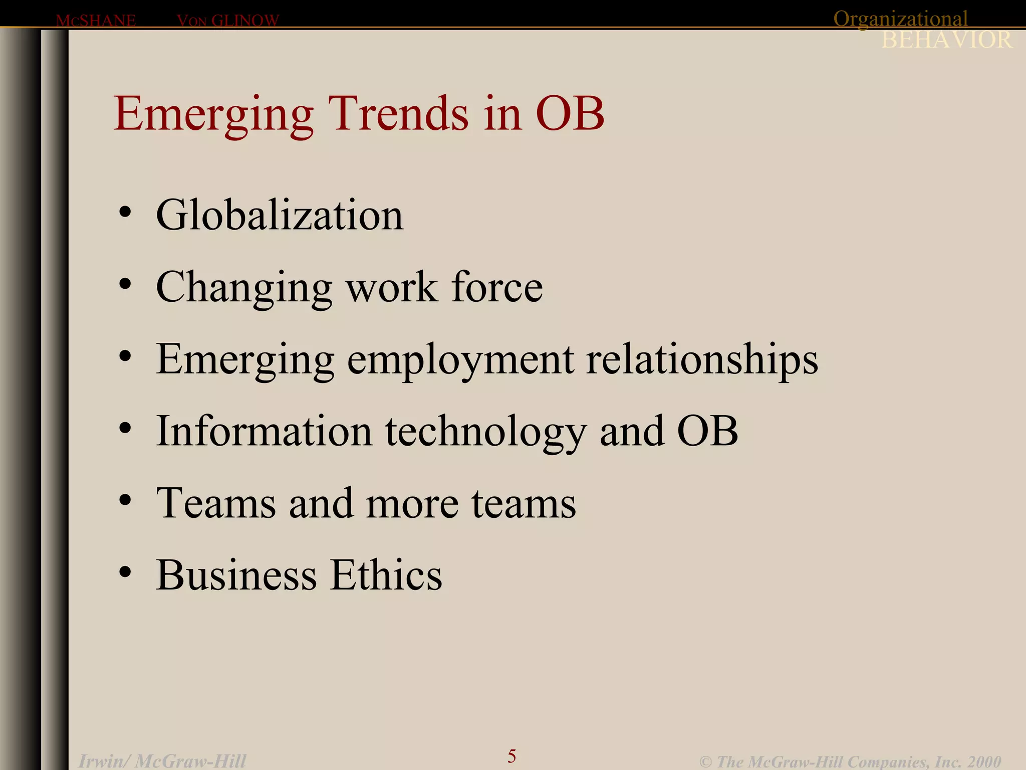 Organizational
BEHAVIOR
MCSHANE VON GLINOW
5 © The McGraw-Hill Companies, Inc. 2000Irwin/ McGraw-Hill
Emerging Trends in OB
• Globalization
• Changing work force
• Emerging employment relationships
• Information technology and OB
• Teams and more teams
• Business Ethics
 