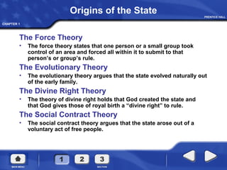 CHAPTER 1
Origins of the State
The Force Theory
• The force theory states that one person or a small group took
control of an area and forced all within it to submit to that
person’s or group’s rule.
The Evolutionary Theory
• The evolutionary theory argues that the state evolved naturally out
of the early family.
The Divine Right Theory
• The theory of divine right holds that God created the state and
that God gives those of royal birth a “divine right” to rule.
The Social Contract Theory
• The social contract theory argues that the state arose out of a
voluntary act of free people.
 
