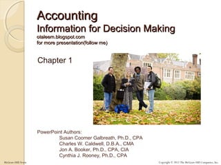 Copyright © 2012 The McGraw-Hill Companies, Inc.
PowerPoint Authors:
Susan Coomer Galbreath, Ph.D., CPA
Charles W. Caldwell, D.B.A., CMA
Jon A. Booker, Ph.D., CPA, CIA
Cynthia J. Rooney, Ph.D., CPA
McGraw-Hill/Irwin
AccountingAccounting
Information for Decision MakingInformation for Decision Making
otaleem.blogspot.comotaleem.blogspot.com
for more presentation(follow me)for more presentation(follow me)
Chapter 1
 