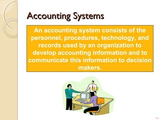 1-4
Accounting SystemsAccounting Systems
An accounting system consists of the
personnel, procedures, technology, and
records used by an organization to
develop accounting information and to
communicate this information to decision
makers.
 