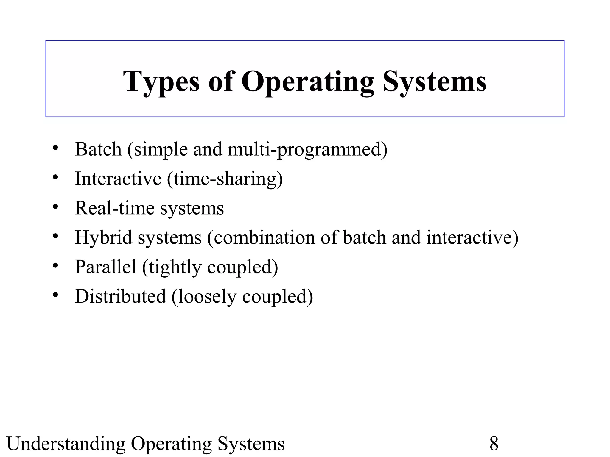 Understanding Operating Systems 8
Types of Operating Systems
• Batch (simple and multi-programmed)
• Interactive (time-sharing)
• Real-time systems
• Hybrid systems (combination of batch and interactive)
• Parallel (tightly coupled)
• Distributed (loosely coupled)
 