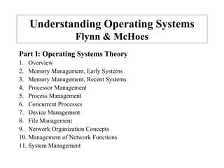 Understanding Operating Systems
Flynn & McHoes
Part I: Operating Systems Theory
1. Overview
2. Memory Management, Early Systems
3. Memory Management, Recent Systems
4. Processor Management
5. Process Management
6. Concurrent Processes
7. Device Management
8. File Management
9. Network Organization Concepts
10. Management of Network Functions
11. System Management
 