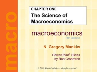 macroeconomics
fifth edition
N. Gregory Mankiw
PowerPoint®
Slides
by Ron Cronovich
CHAPTER ONE
The Science of
Macroeconomics
macro
© 2003 Worth Publishers, all rights reserved
 
