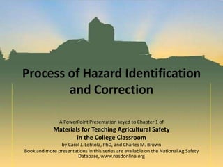 Process of Hazard Identification
and Correction
A PowerPoint Presentation keyed to Chapter 1 of
Materials for Teaching Agricultural Safety
in the College Classroom
by Carol J. Lehtola, PhD, and Charles M. Brown
Book and more presentations in this series are available on the National Ag Safety
Database, www.nasdonline.org
 