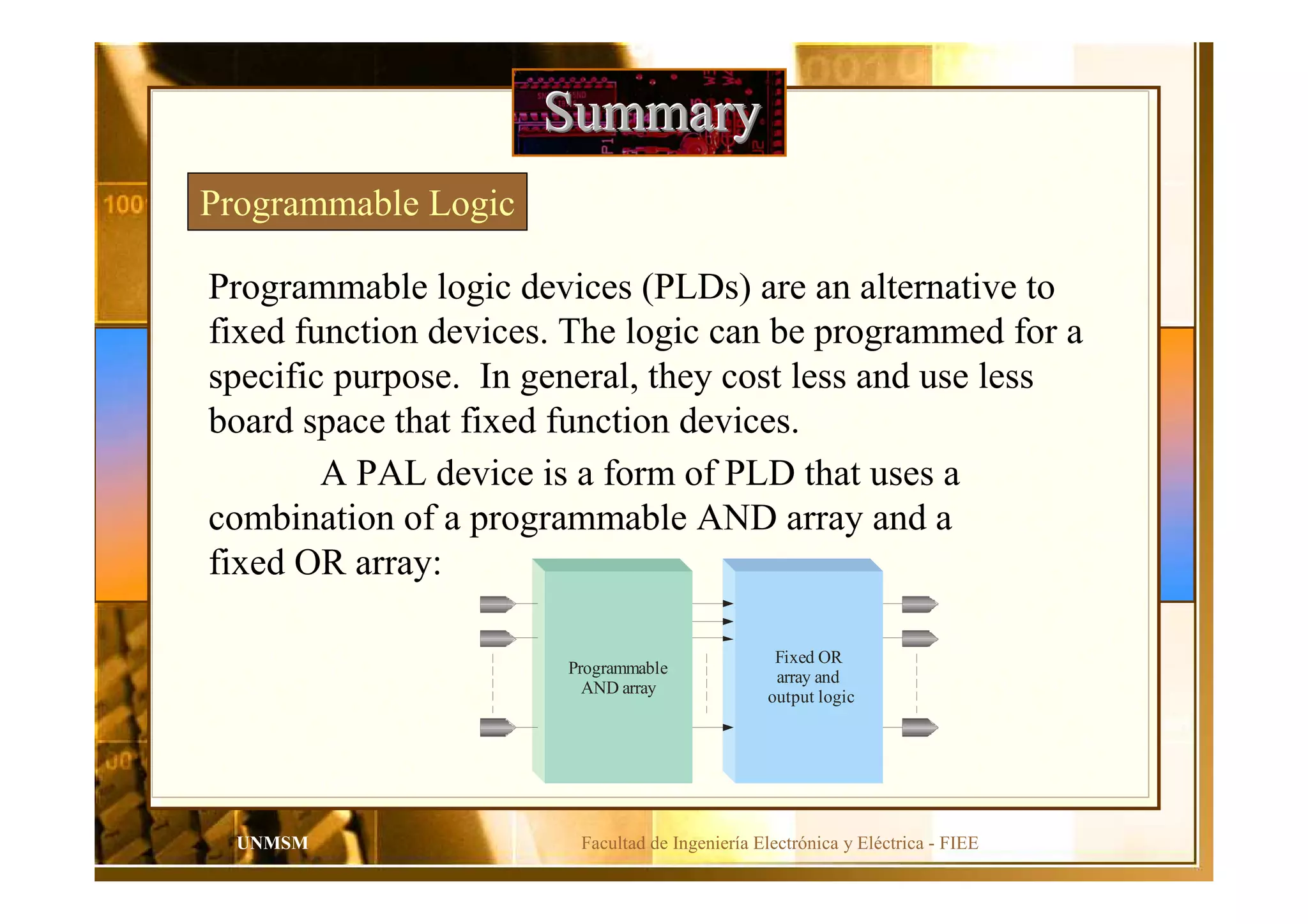 Facultad de Ingeniería Electrónica y Eléctrica - FIEEUNMSM
SummarySummarySummary
Programmable Logic
Programmable logic devices (PLDs) are an alternative to
fixed function devices. The logic can be programmed for a
specific purpose. In general, they cost less and use less
board space that fixed function devices.
Fixed OR
array and
output logic
Programmable
AND array
A PAL device is a form of PLD that uses a
combination of a programmable AND array and a
fixed OR array:
 