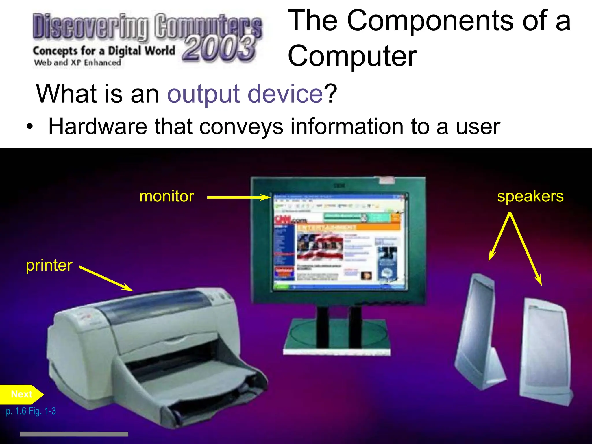 The Components of a
Computer
What is an output device?
• Hardware that conveys information to a user
printer
monitor speakers
p. 1.6 Fig. 1-3
Next
 