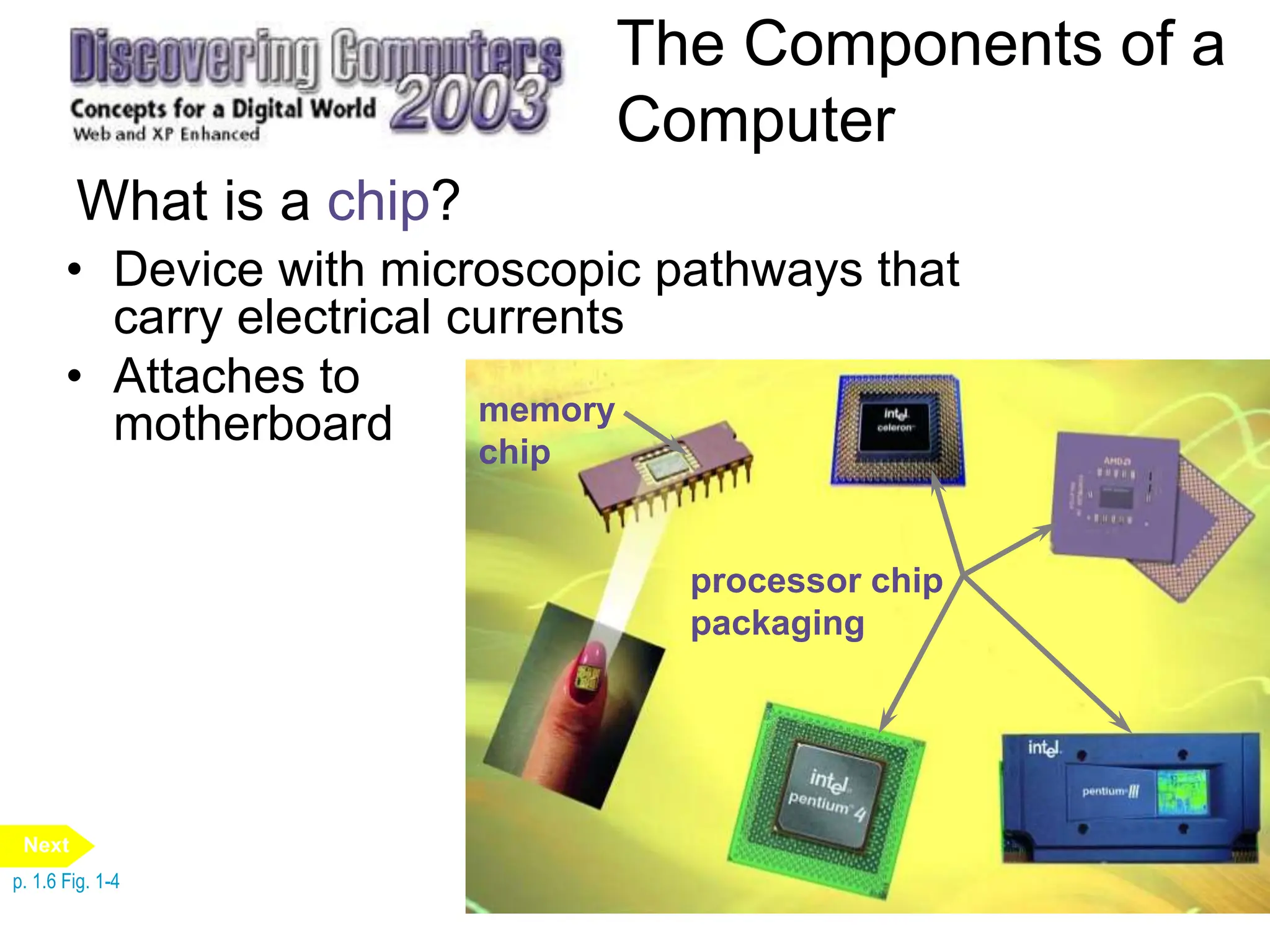 The Components of a
Computer
What is a chip?
• Device with microscopic pathways that
carry electrical currents
• Attaches to
motherboard
processor chip
packaging
memory
chip
p. 1.6 Fig. 1-4
Next
 