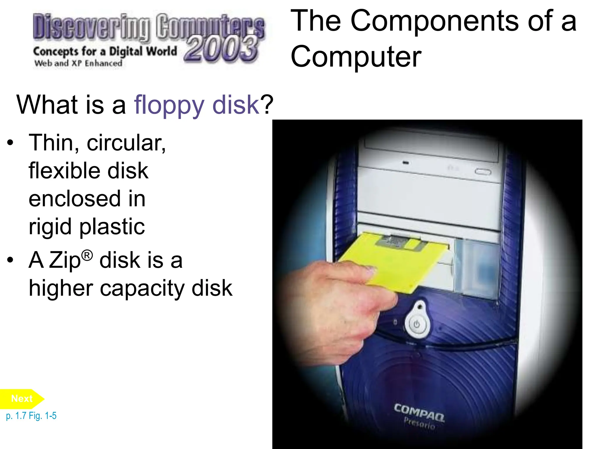 The Components of a
Computer
What is a floppy disk?
• Thin, circular,
flexible disk
enclosed in
rigid plastic
• A Zip® disk is a
higher capacity disk
p. 1.7 Fig. 1-5
Next
 