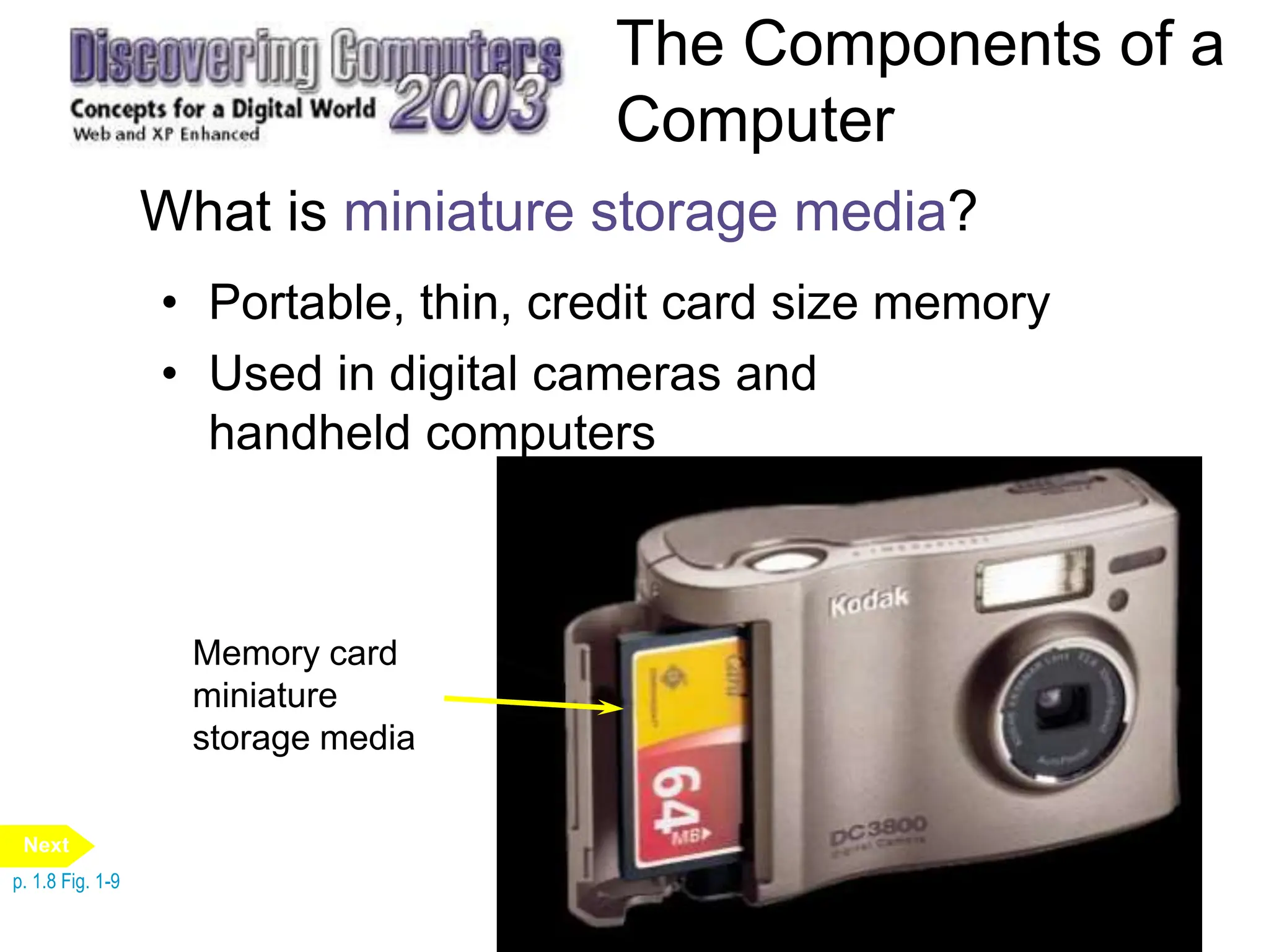 The Components of a
Computer
What is miniature storage media?
• Portable, thin, credit card size memory
• Used in digital cameras and
handheld computers
Memory card
miniature
storage media
p. 1.8 Fig. 1-9
Next
 