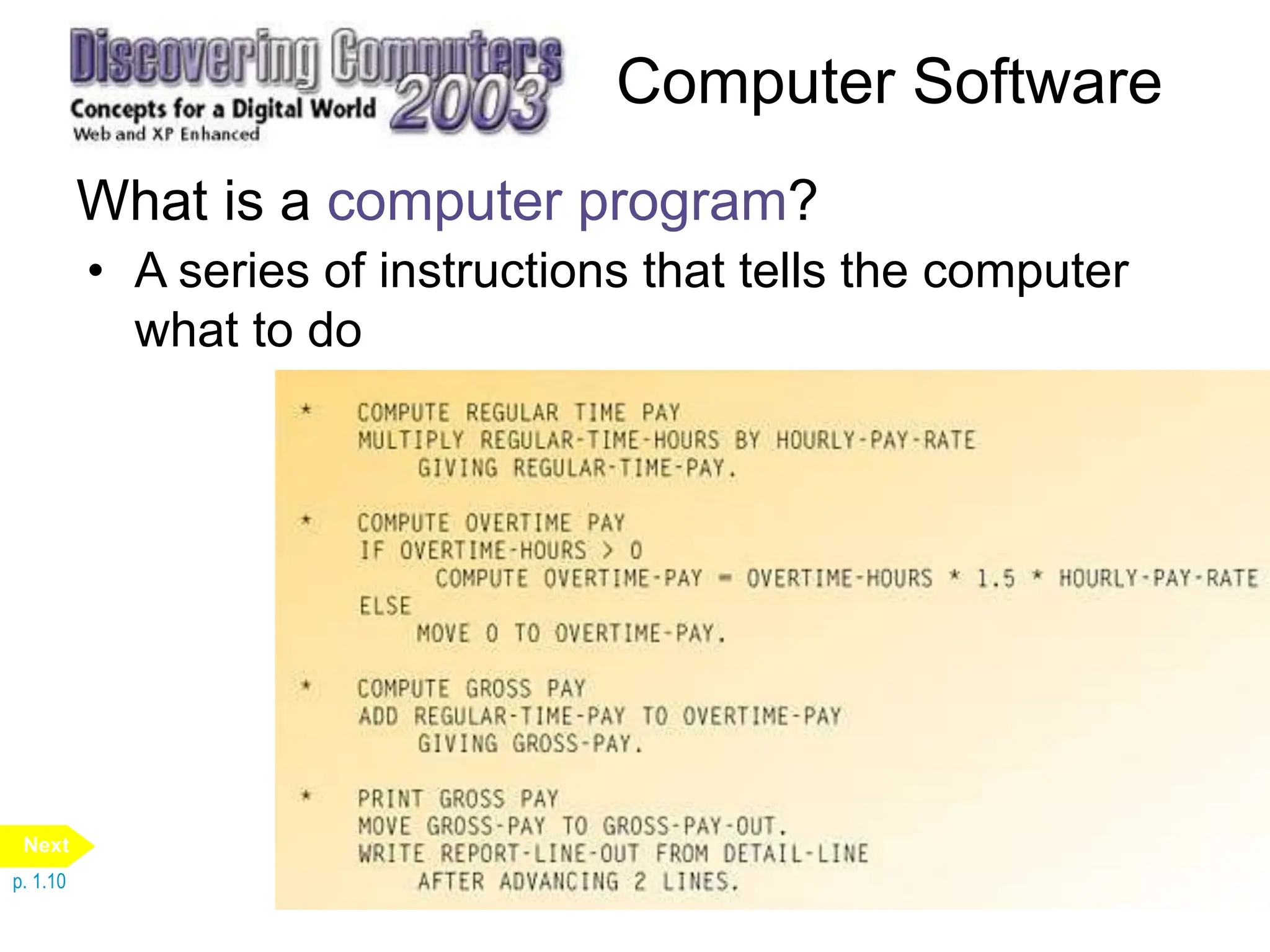 Computer Software
What is a computer program?
• A series of instructions that tells the computer
what to do
p. 1.10
Next
 