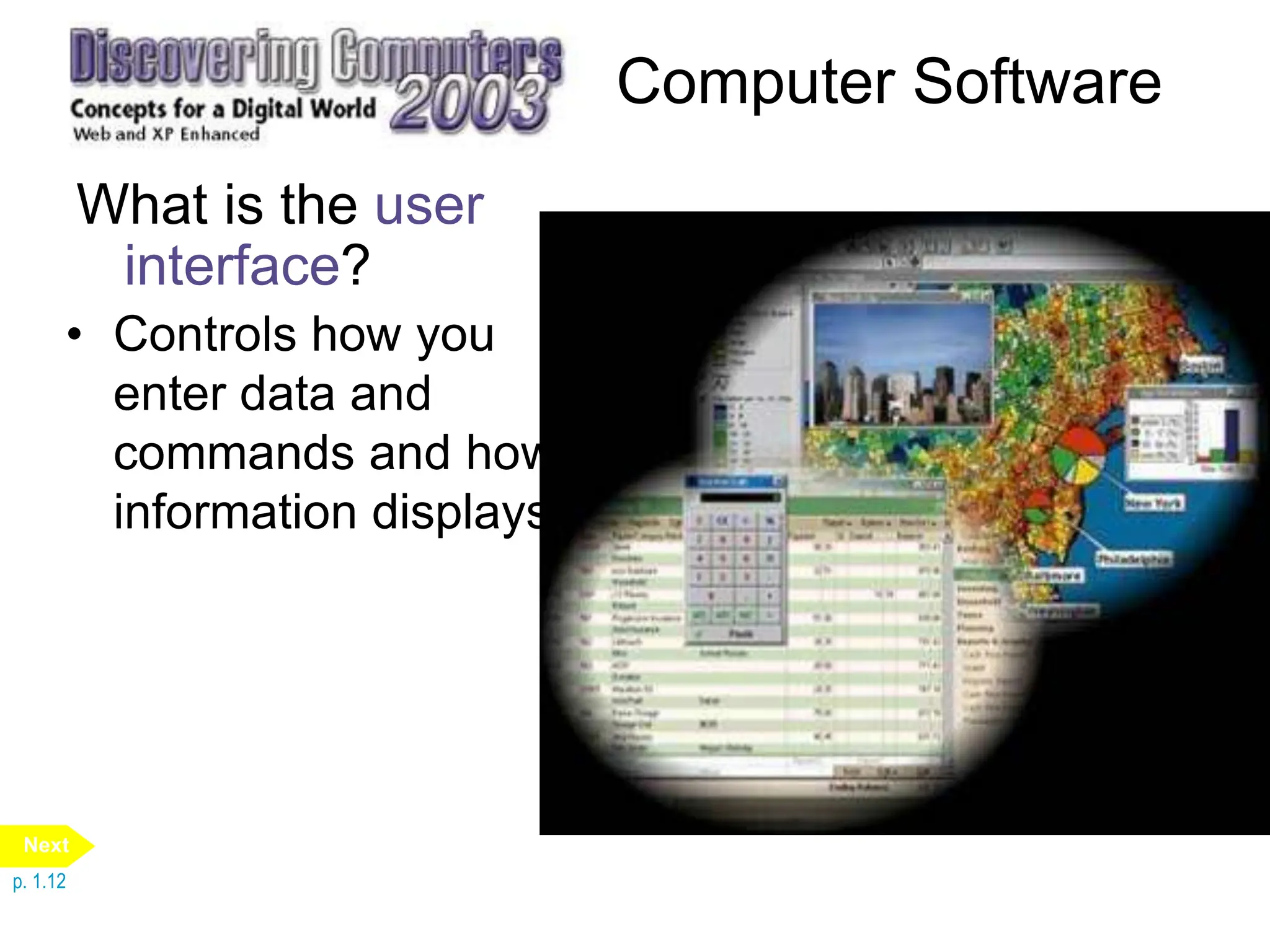 Computer Software
What is the user
interface?
• Controls how you
enter data and
commands and how
information displays
p. 1.12
Next
 