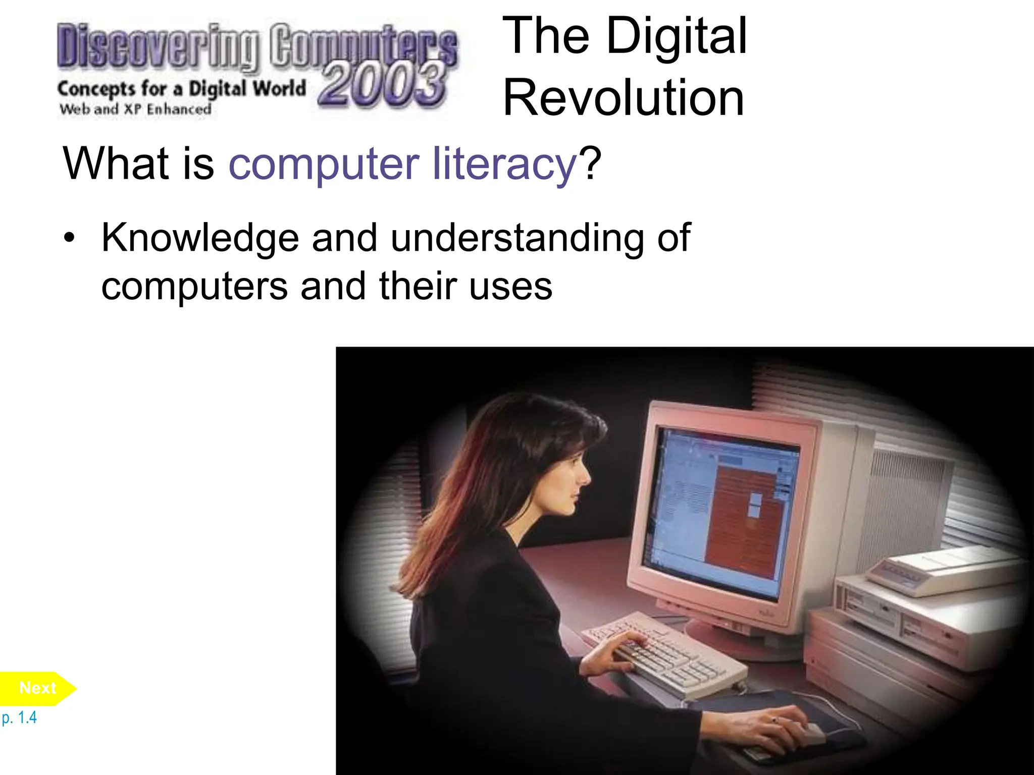 The Digital
Revolution
What is computer literacy?
• Knowledge and understanding of
computers and their uses
p. 1.4
Next
 