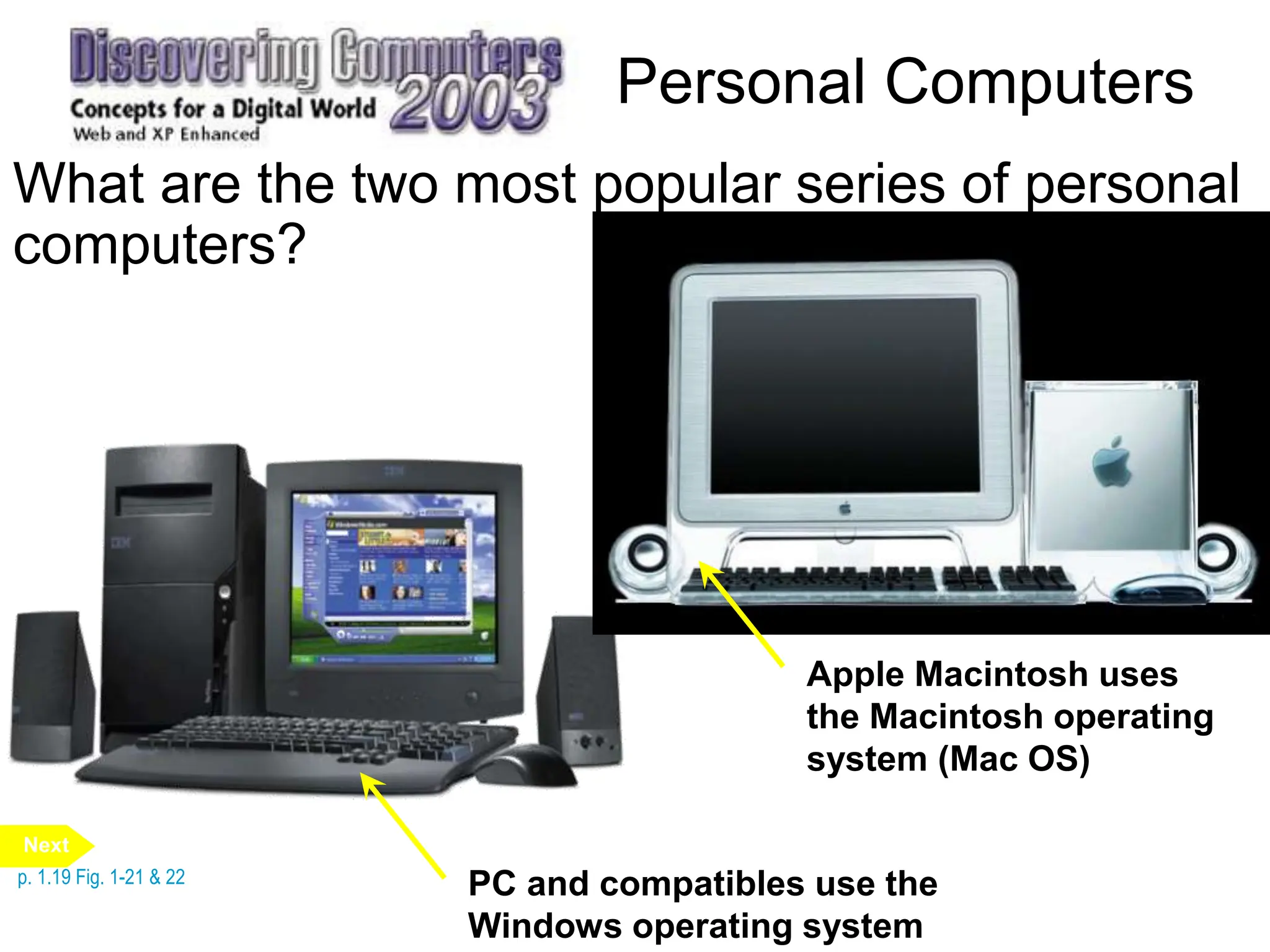 Personal Computers
What are the two most popular series of personal
computers?
p. 1.19 Fig. 1-21 & 22
PC and compatibles use the
Windows operating system
Apple Macintosh uses
the Macintosh operating
system (Mac OS)
Next
 