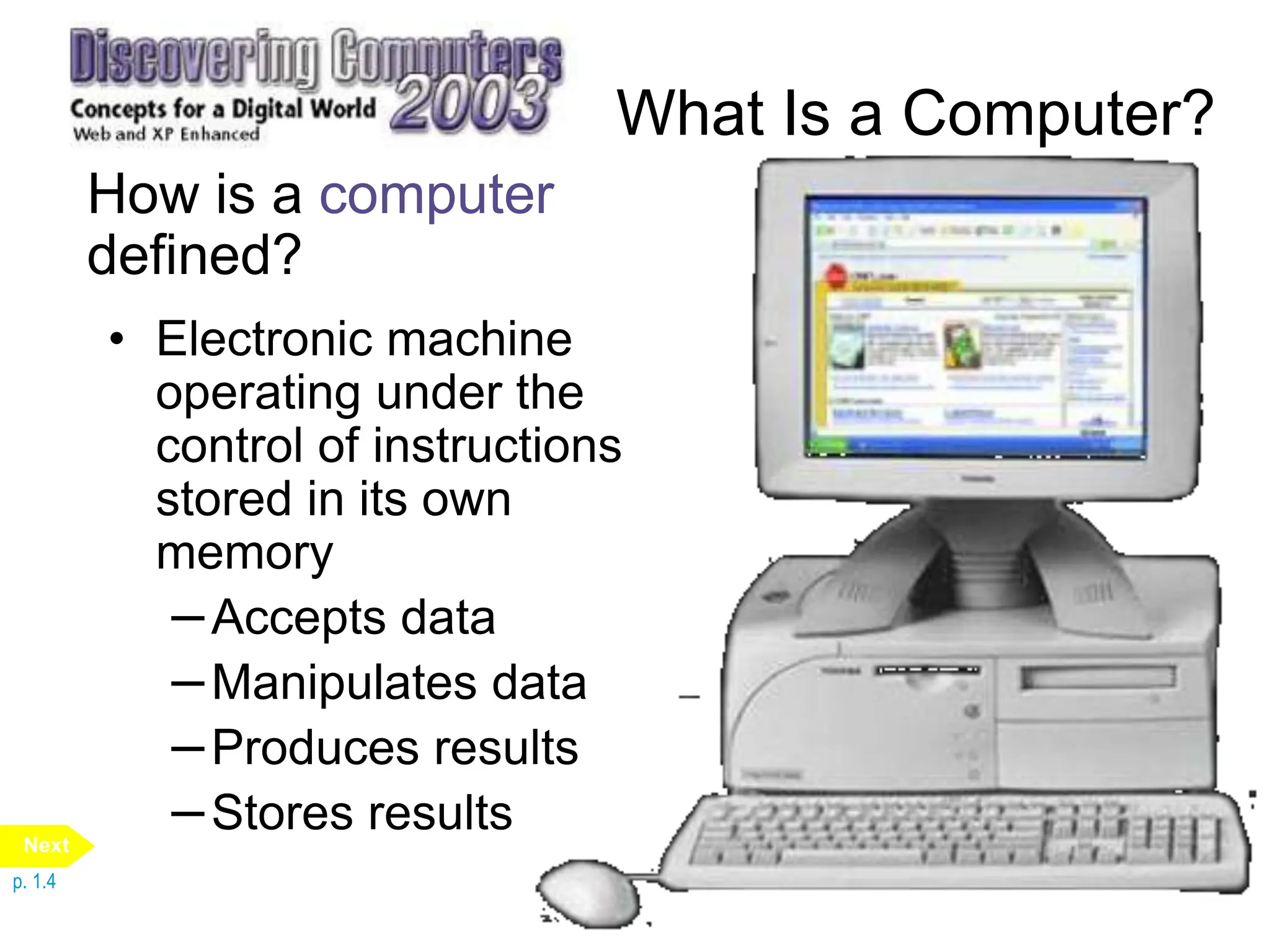 What Is a Computer?
How is a computer
defined?
• Electronic machine
operating under the
control of instructions
stored in its own
memory
–Accepts data
–Manipulates data
–Produces results
–Stores results
p. 1.4
Next
 