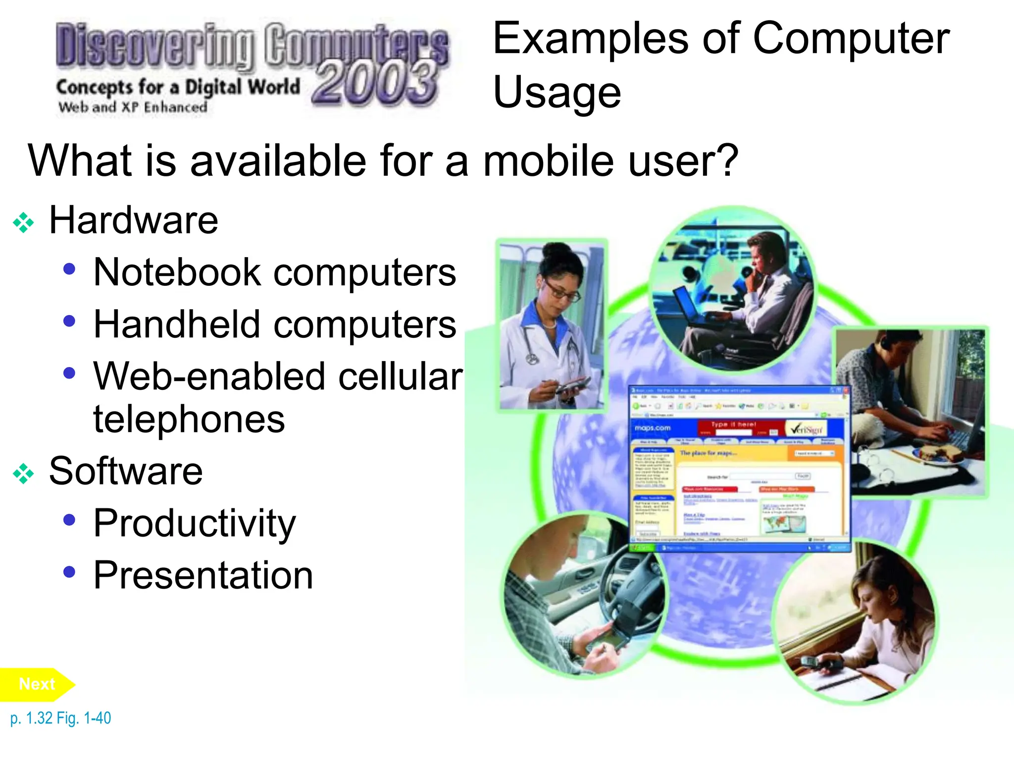 Examples of Computer
Usage
What is available for a mobile user?
 Hardware
• Notebook computers
• Handheld computers
• Web-enabled cellular
telephones
 Software
• Productivity
• Presentation
p. 1.32 Fig. 1-40
Next
 