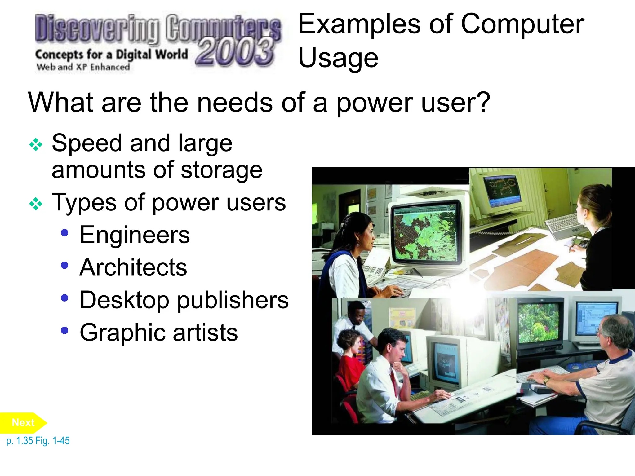 Examples of Computer
Usage
What are the needs of a power user?
 Speed and large
amounts of storage
 Types of power users
• Engineers
• Architects
• Desktop publishers
• Graphic artists
p. 1.35 Fig. 1-45
Next
 