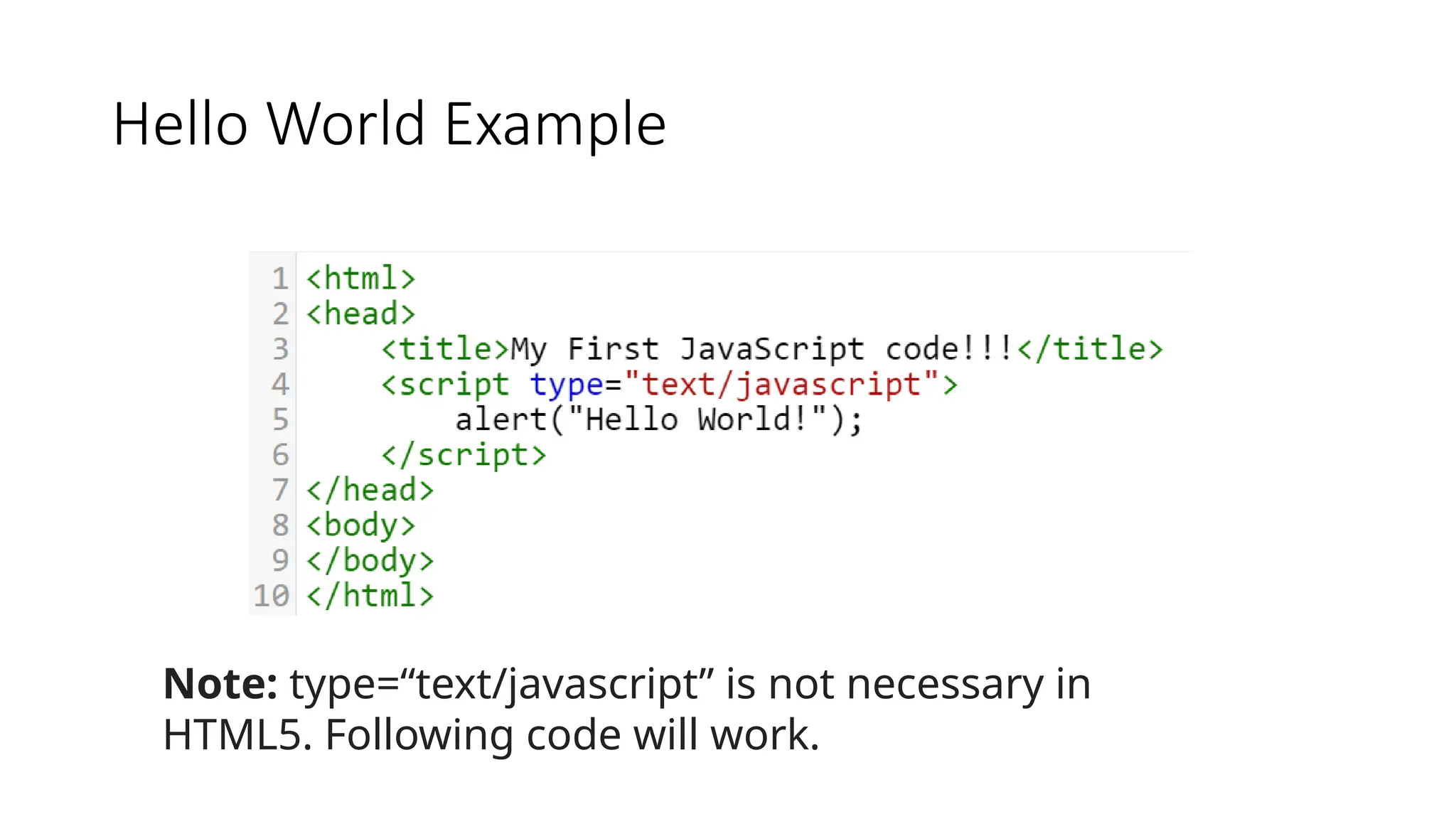 Hello World Example
Note: type=“text/javascript” is not necessary in
HTML5. Following code will work.
 