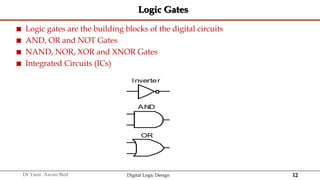 12
Dr Yasir Awais Butt Digital Logic Design
Logic Gates
 Logic gates are the building blocks of the digital circuits
 AND, OR and NOT Gates
 NAND, NOR, XOR and XNOR Gates
 Integrated Circuits (ICs)
Inverter
AND
OR
 