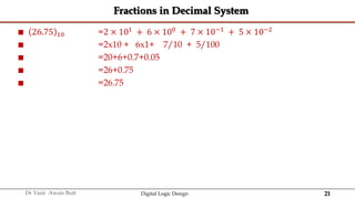 21
Dr Yasir Awais Butt Digital Logic Design
Fractions in Decimal System
 26.75 10 =2 × 101 + 6 × 100 + 7 × 10−1 + 5 × 10−2
 =2x10 + 6x1+ 7/10 + 5/100
 =20+6+0.7+0.05
 =26+0.75
 =26.75
 