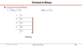 31
Dr Yasir Awais Butt Digital Logic Design
Decimal to Binary
 Long Division Method
 19 10 = ? 2 45 10 = ? 2
2 19
2 9-1
2 4-1
2 2-0
1-0
(10011)2
 