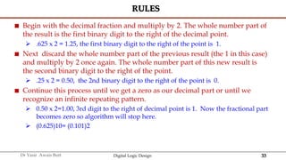 33
Dr Yasir Awais Butt Digital Logic Design
RULES
 Begin with the decimal fraction and multiply by 2. The whole number part of
the result is the first binary digit to the right of the decimal point.
 .625 x 2 = 1.25, the first binary digit to the right of the point is 1.
 Next discard the whole number part of the previous result (the 1 in this case)
and multiply by 2 once again. The whole number part of this new result is
the second binary digit to the right of the point.
 .25 x 2 = 0.50, the 2nd binary digit to the right of the point is 0.
 Continue this process until we get a zero as our decimal part or until we
recognize an infinite repeating pattern.
 0.50 x 2=1.00, 3rd digit to the right of decimal point is 1. Now the fractional part
becomes zero so algorithm will stop here.
 (0.625)10= (0.101)2
 