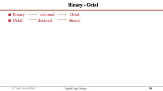 39
Dr Yasir Awais Butt Digital Logic Design
Binary - Octal
 Binary decimal Octal
 Octal decimal Binary
 