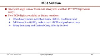 83
Dr Yasir Awais Butt Digital Logic Design
BCD Addition
 Since each digit is max 9 Sum will always be less than 19= 9+9+1(previous
carry)
 Two BCD digits are added as binary numbers
 When binary sum is more than binary 1001 2, result is invalid
 Addition of 6 = 0110 2 make a correct BCD and produces a carry
 Binary Sum carry and Decimal Carry differ by 16-10=6
 