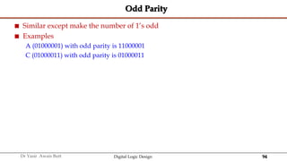 94
Dr Yasir Awais Butt Digital Logic Design
Odd Parity
 Similar except make the number of 1’s odd
 Examples
A (01000001) with odd parity is 11000001
C (01000011) with odd parity is 01000011
 