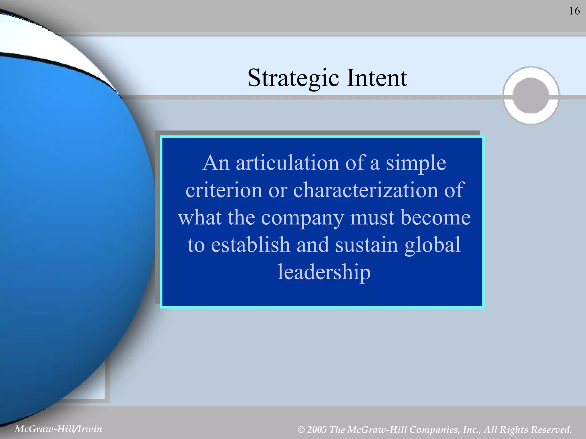 Strategic Intent An articulation of a simple criterion or characterization of what the company must become to establish and sustain global leadership 