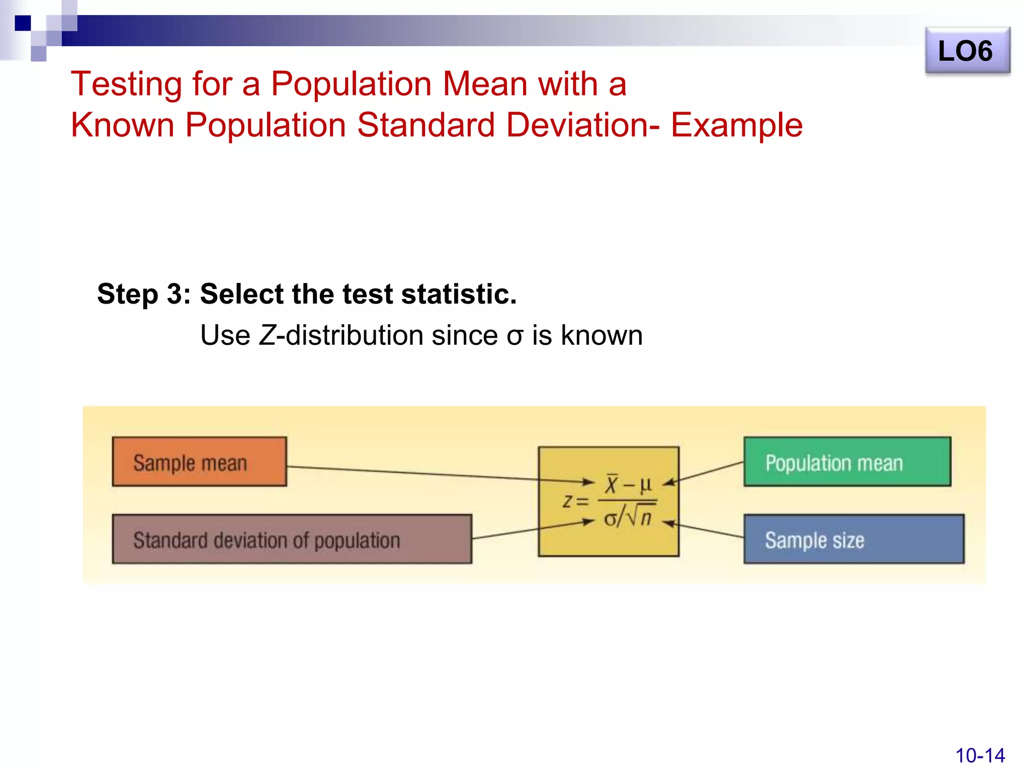 LO6
Testing for a Population Mean with a
Known Population Standard Deviation- Example



 Step 3: Select the test statistic.
         Use Z-distribution since σ is known




                                               10-14
 