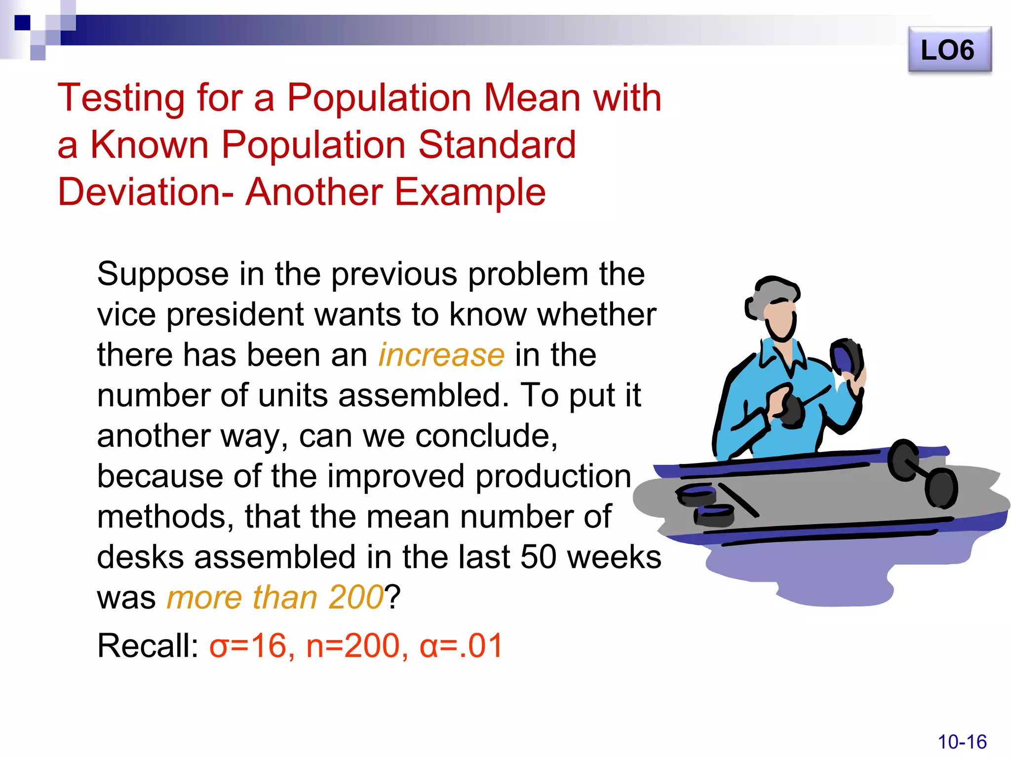 LO6
Testing for a Population Mean with
a Known Population Standard
Deviation- Another Example

  Suppose in the previous problem the
  vice president wants to know whether
  there has been an increase in the
  number of units assembled. To put it
  another way, can we conclude,
  because of the improved production
  methods, that the mean number of
  desks assembled in the last 50 weeks
  was more than 200?
  Recall: σ=16, n=200, α=.01

                                         10-16
 