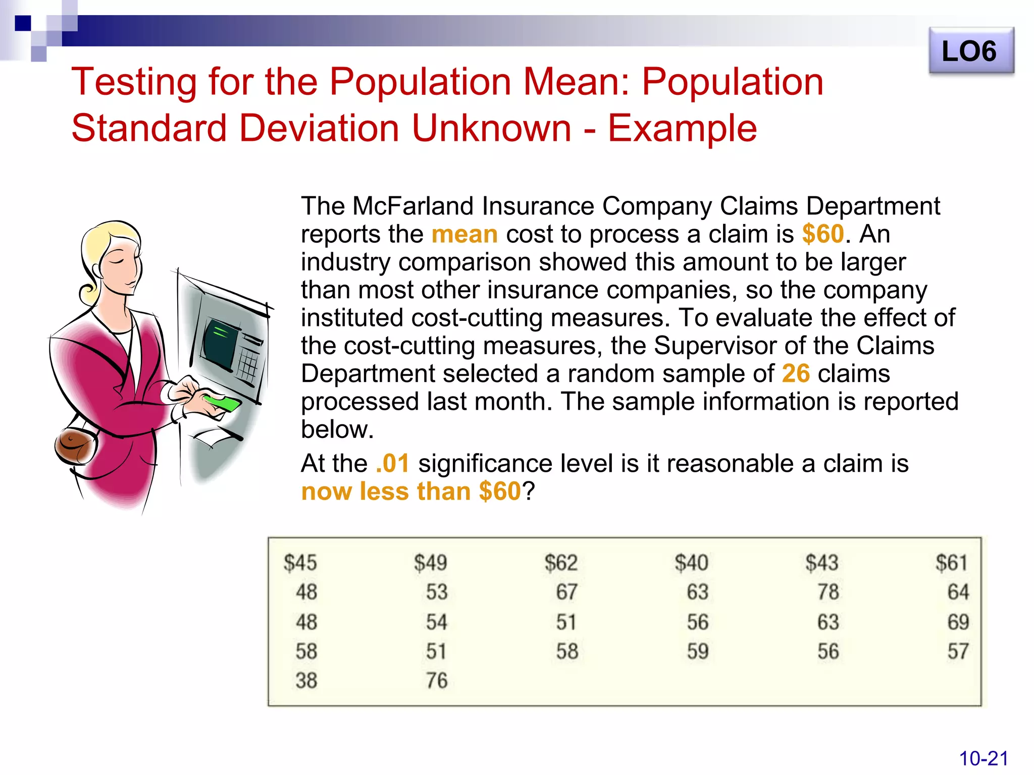 LO6
Testing for the Population Mean: Population
Standard Deviation Unknown - Example
             The McFarland Insurance Company Claims Department
             reports the mean cost to process a claim is $60. An
             industry comparison showed this amount to be larger
             than most other insurance companies, so the company
             instituted cost-cutting measures. To evaluate the effect of
             the cost-cutting measures, the Supervisor of the Claims
             Department selected a random sample of 26 claims
             processed last month. The sample information is reported
             below.
             At the .01 significance level is it reasonable a claim is
             now less than $60?




                                                                       10-21
 