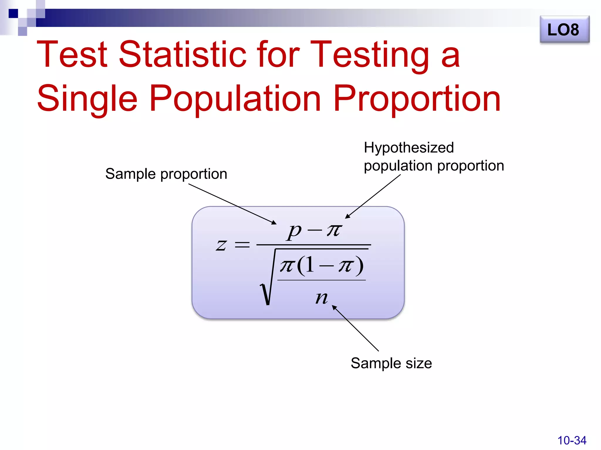 LO8
Test Statistic for Testing a
Single Population Proportion
                               Hypothesized
                               population proportion
    Sample proportion


                        p
                   z
                        (1    )
                          n

                              Sample size




                                                       10-34
 