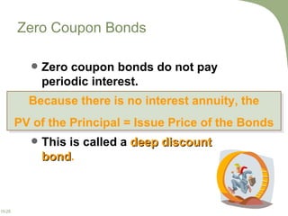 Zero Coupon Bonds Zero coupon bonds do not pay periodic interest. This is called a  deep discount bond . Because there is no interest annuity, the PV of the Principal = Issue Price of the Bonds 