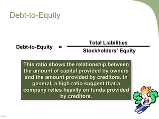 Debt-to-Equity This ratio shows the relationship between the amount of capital provided by owners and the amount provided by creditors. In general, a high ratio suggest that a company relies heavily on funds provided by creditors. Debt-to-Equity = Total Liabilities Stockholders’ Equity 