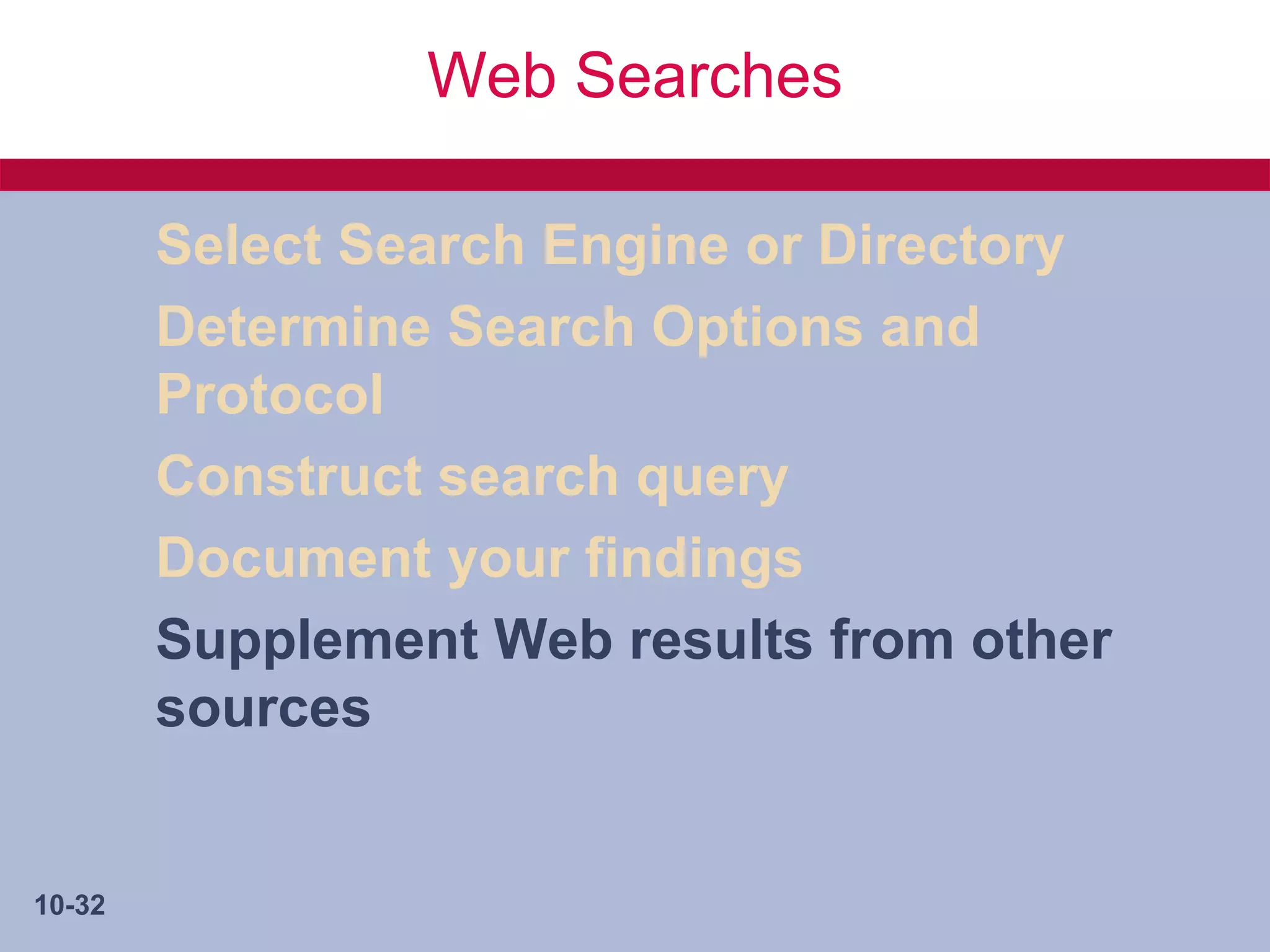 Web Searches

        Select Search Engine or Directory
        Determine Search Options and
        Protocol
        Construct search query
        Document your findings
        Supplement Web results from other
        sources


10-32
 